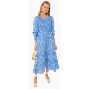 Pink City Prints Tuckernuck Cornflower Lolita Isabel Dress Blue Smocked Midi XS